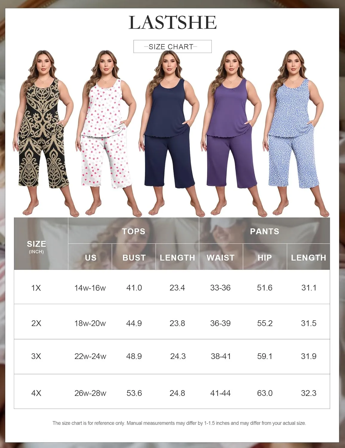 Lastshe Women's Plus Size Pajama Set 2 Piece Sleepwear Soft Cozy Sleeveless Knit Tank Top Capri Pants Lounge PJs with Pockets