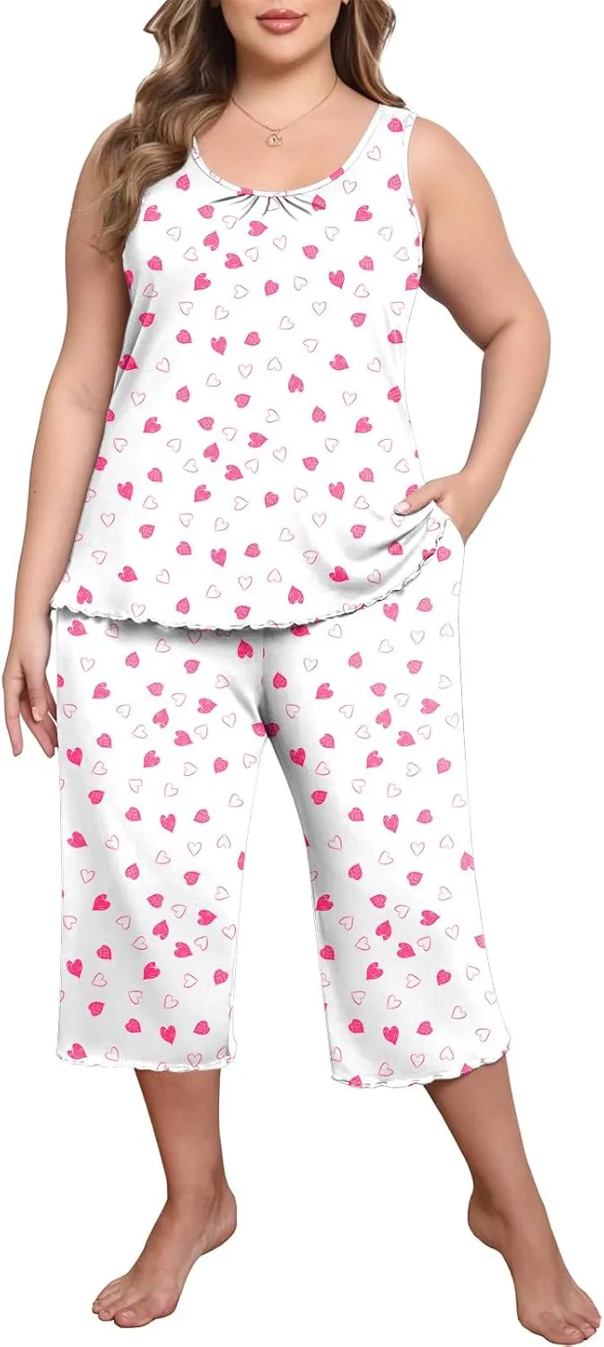 Lastshe Women's Plus Size Pajama Set 2 Piece Sleepwear Soft Cozy Sleeveless Knit Tank Top Capri Pants Lounge PJs with Pockets