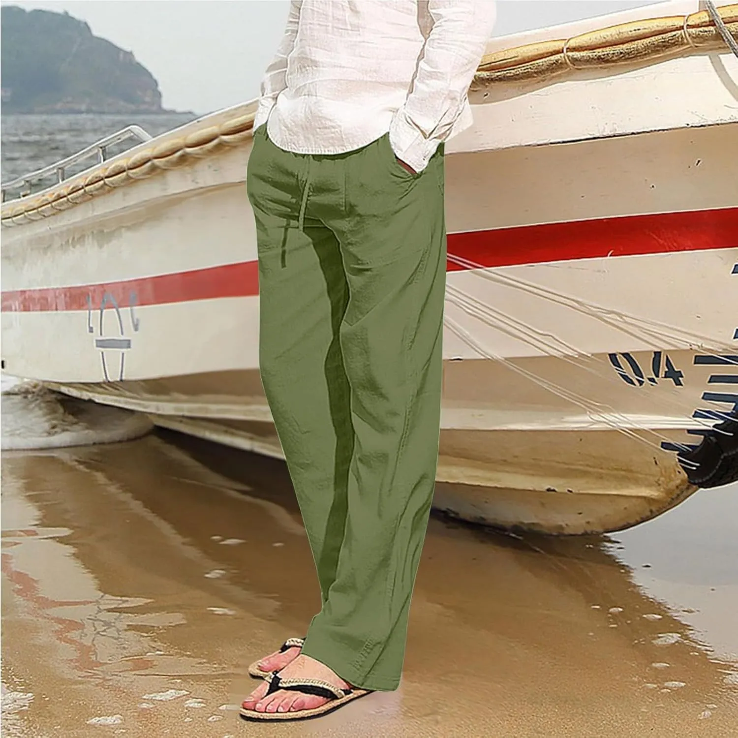 Linen Pants for Men Summer Elastic Waist Drawstring Beach Casual Loose Fit Pant Yoga Jogger Pants with Pockets