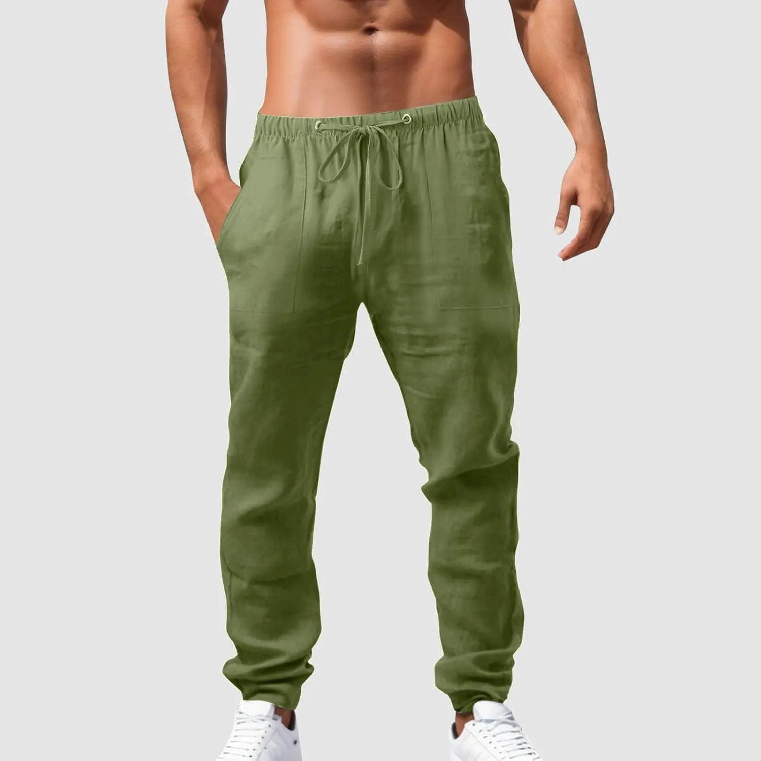 Linen Pants for Men Summer Elastic Waist Drawstring Beach Casual Loose Fit Pant Yoga Jogger Pants with Pockets