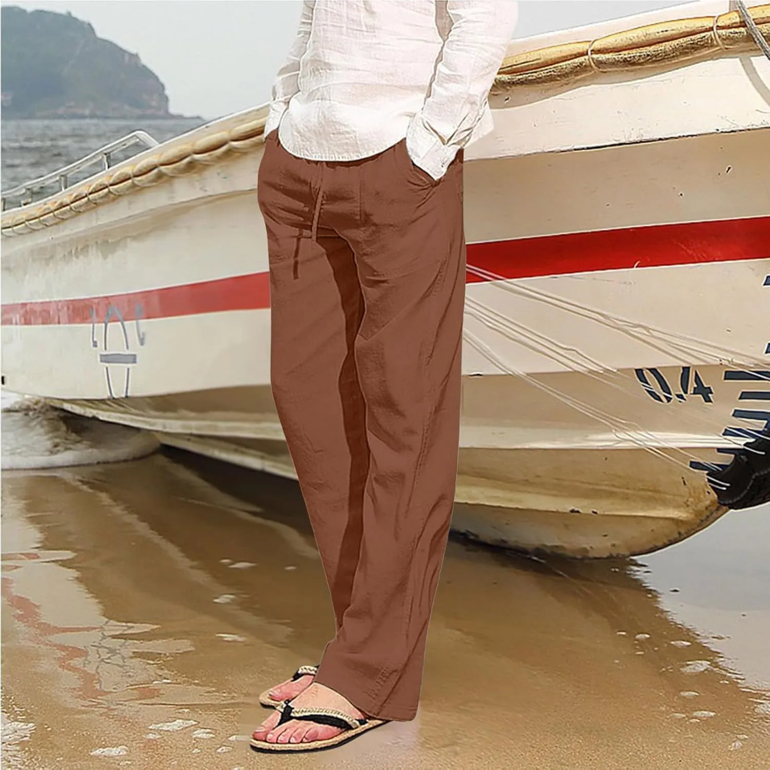 Linen Pants for Men Summer Elastic Waist Drawstring Beach Casual Loose Fit Pant Yoga Jogger Pants with Pockets