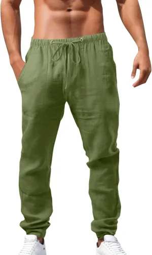 Linen Pants for Men Summer Elastic Waist Drawstring Beach Casual Loose Fit Pant Yoga Jogger Pants with Pockets