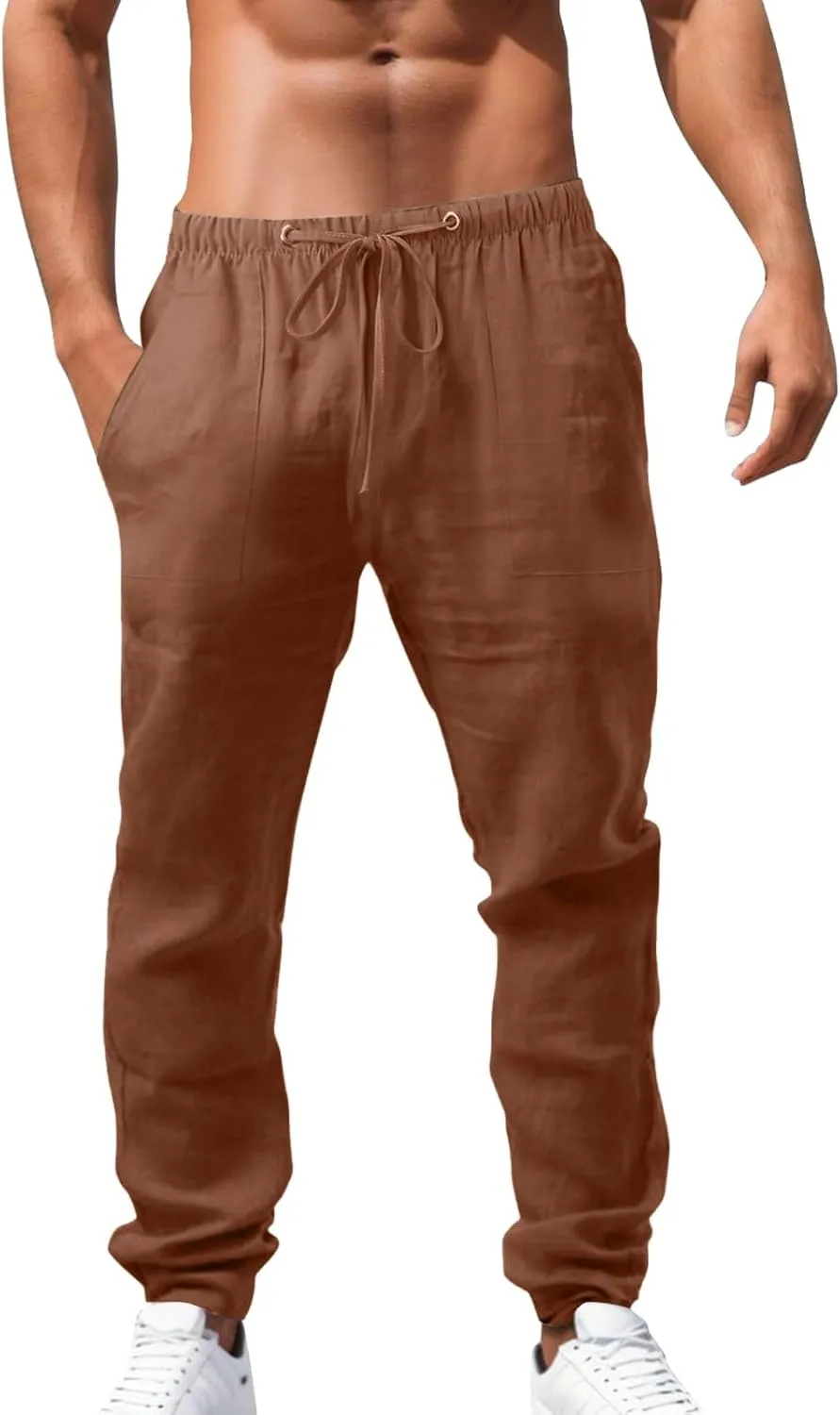 Linen Pants for Men Summer Elastic Waist Drawstring Beach Casual Loose Fit Pant Yoga Jogger Pants with Pockets