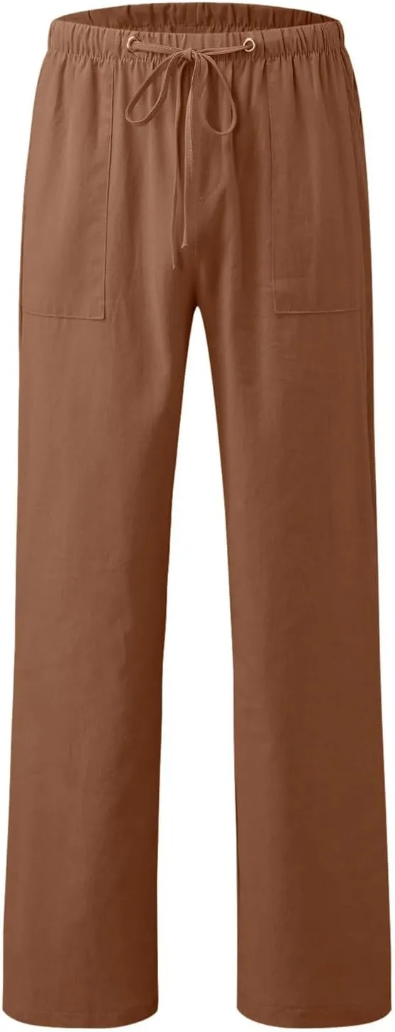 Linen Pants for Men Summer Elastic Waist Drawstring Beach Casual Loose Fit Pant Yoga Jogger Pants with Pockets