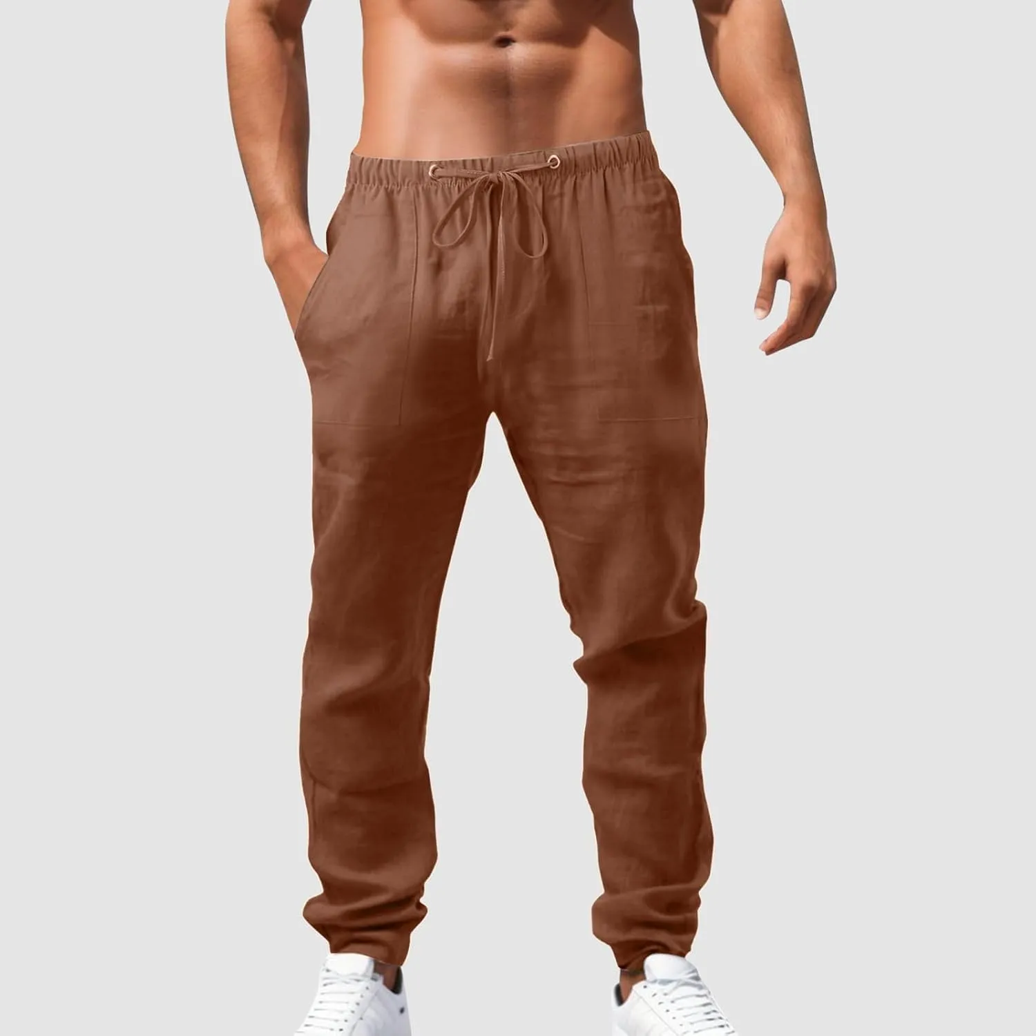Linen Pants for Men Summer Elastic Waist Drawstring Beach Casual Loose Fit Pant Yoga Jogger Pants with Pockets