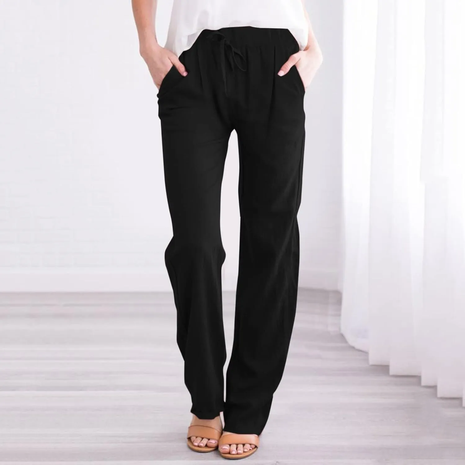 Linen Pants for Women Cotton Linen Straight Leg Lightweight Pants Summer Pants Plus Size Women Loose Fit Trousers