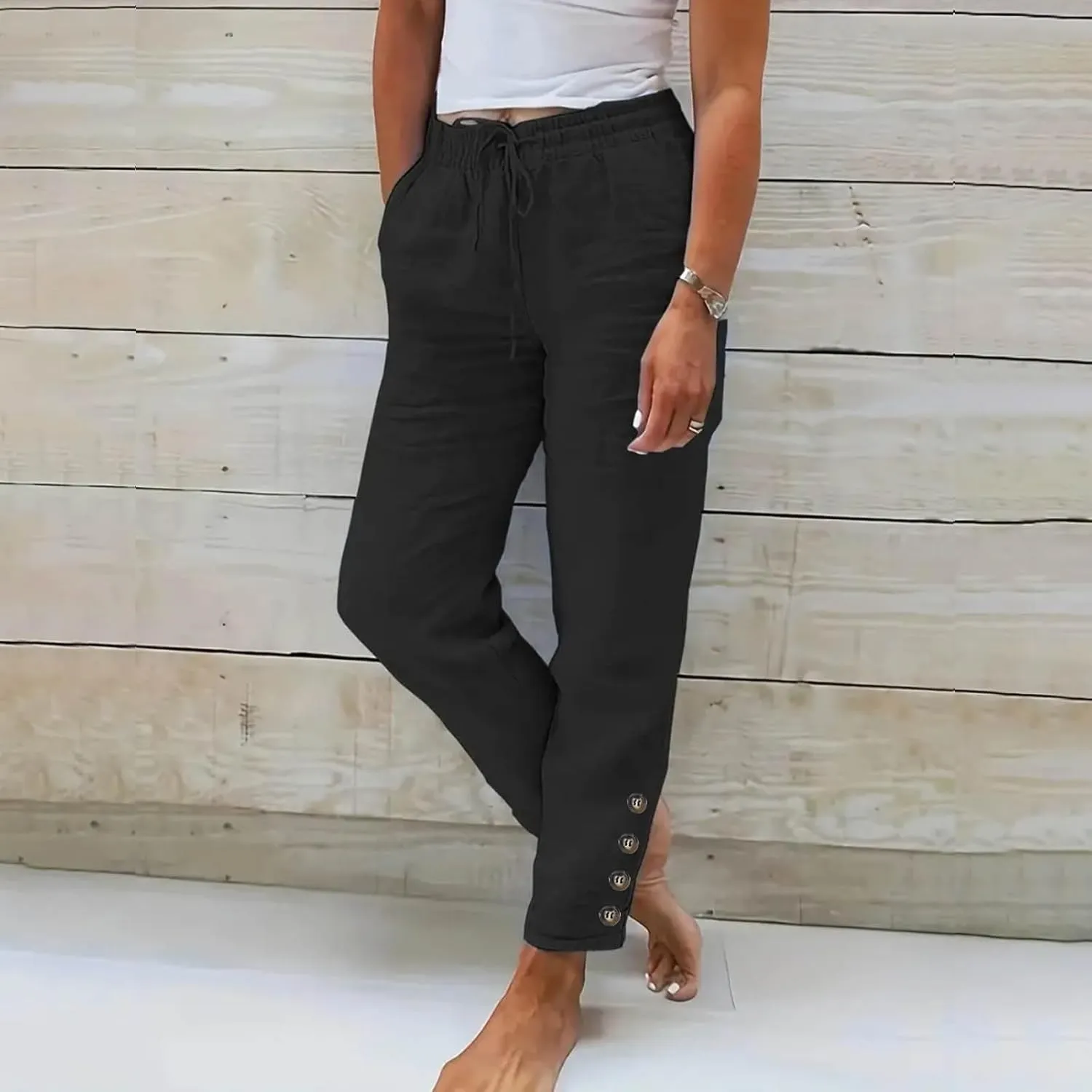 Linen Pants Women Lounge Athletic Work Elastic Comfy Bermuda Petite High Waisted Palazzo Capri Joggers Set