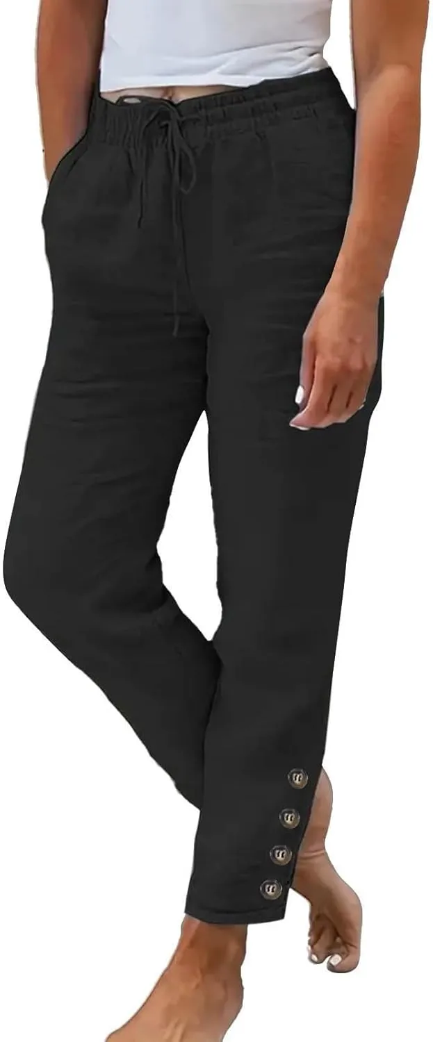 Linen Pants Women Lounge Athletic Work Elastic Comfy Bermuda Petite High Waisted Palazzo Capri Joggers Set