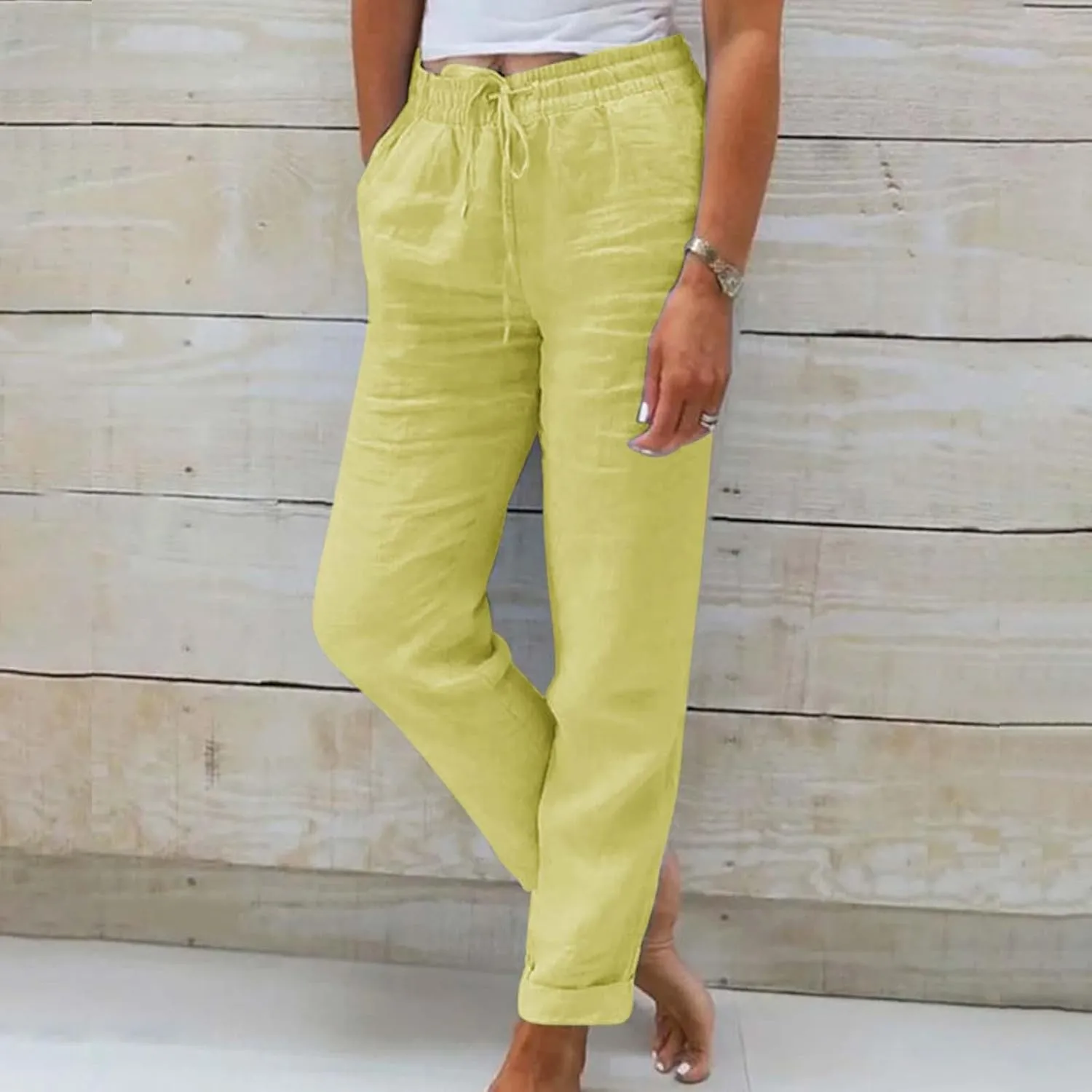 Linen Pants Women Lounge Athletic Work Elastic Comfy Bermuda Petite High Waisted Palazzo Capri Joggers Set