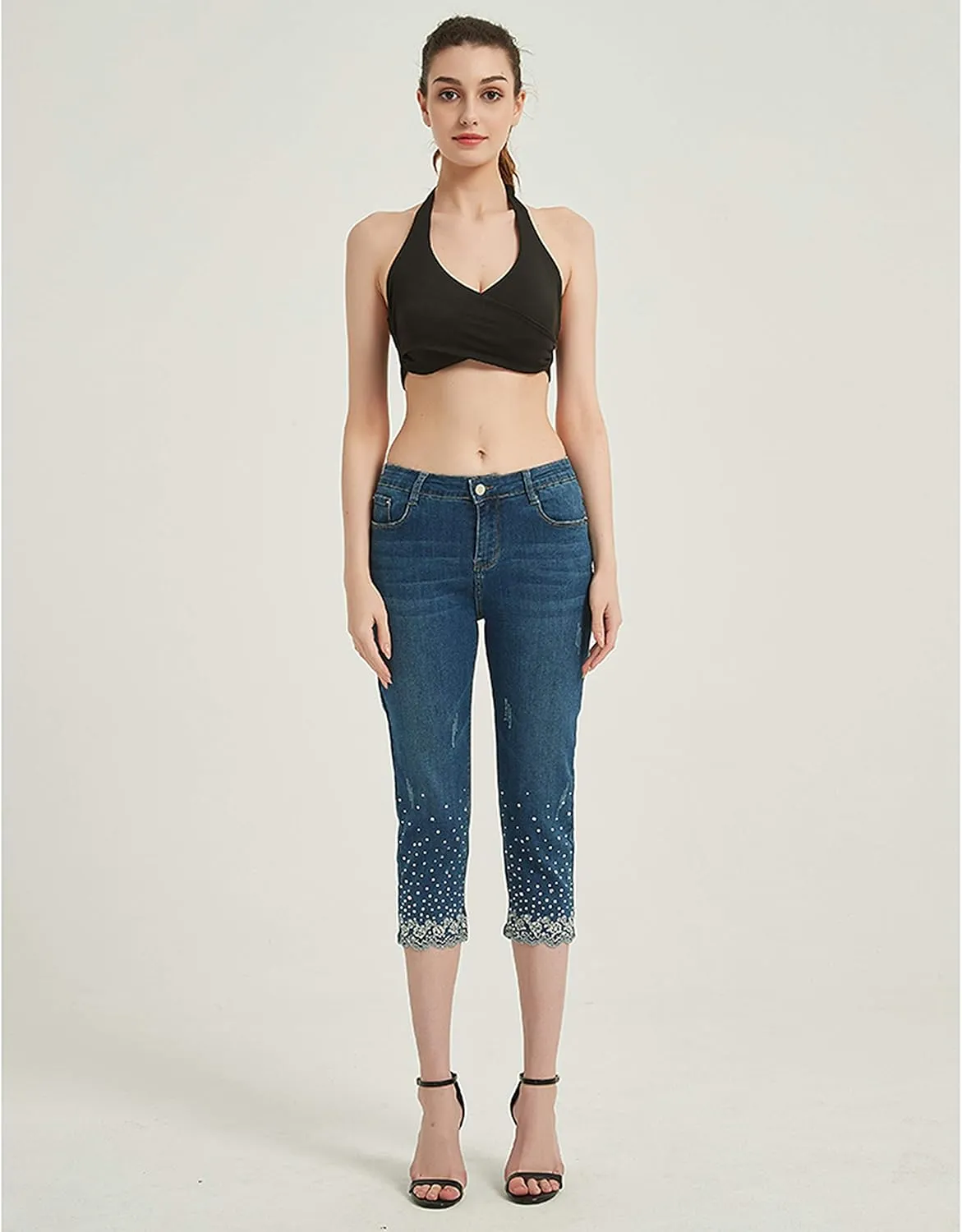 Lisskolo Women's Capri Jeans Embroidered Stretch Mid-Rise Skinny Cropped Denim Jeans Capris