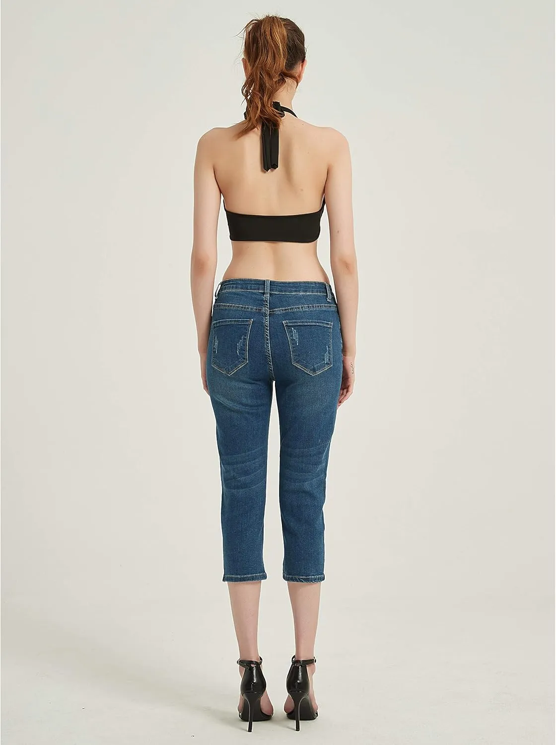 Lisskolo Women's Capri Jeans Embroidered Stretch Mid-Rise Skinny Cropped Denim Jeans Capris