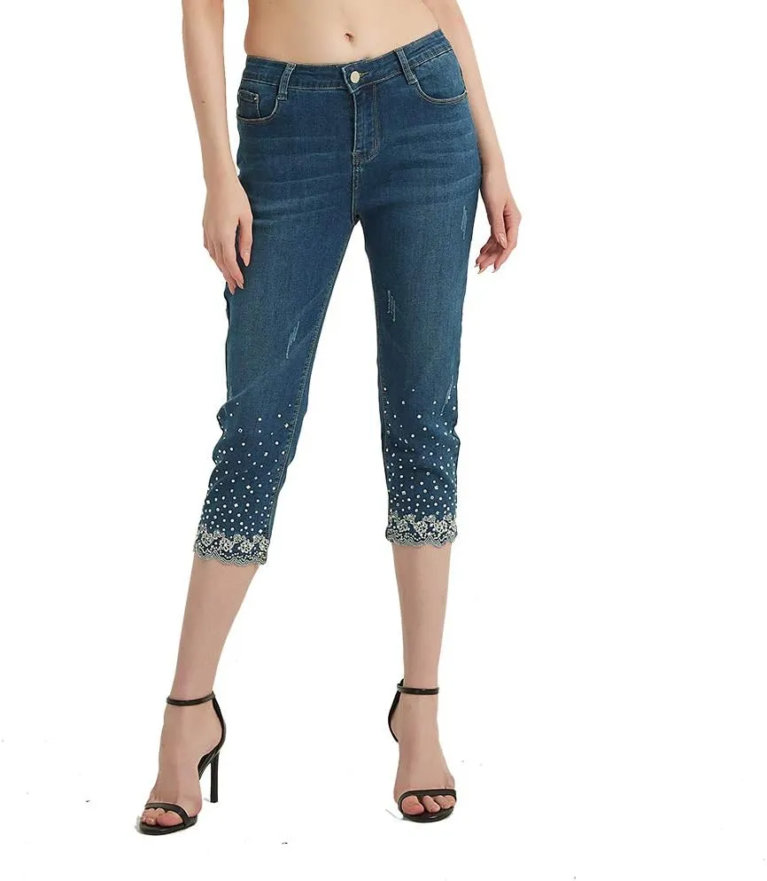 Lisskolo Women's Capri Jeans Embroidered Stretch Mid-Rise Skinny Cropped Denim Jeans Capris