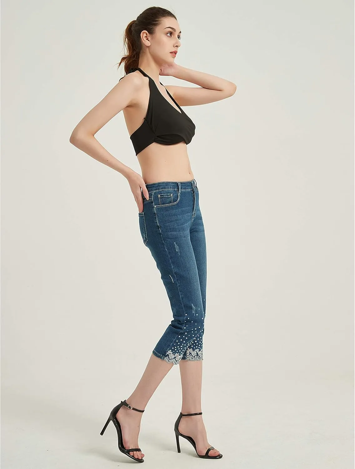 Lisskolo Women's Capri Jeans Embroidered Stretch Mid-Rise Skinny Cropped Denim Jeans Capris