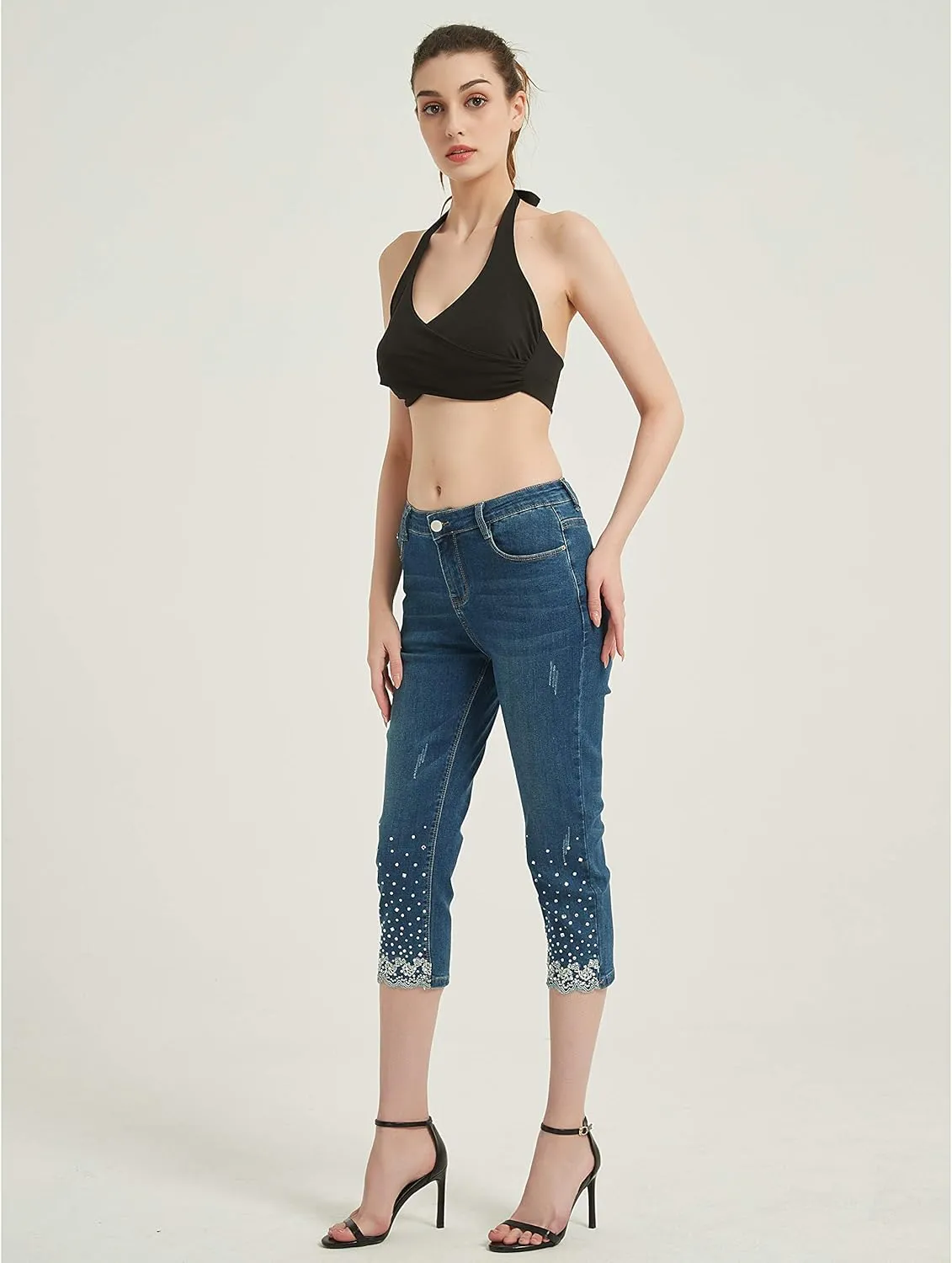 Lisskolo Women's Capri Jeans Embroidered Stretch Mid-Rise Skinny Cropped Denim Jeans Capris