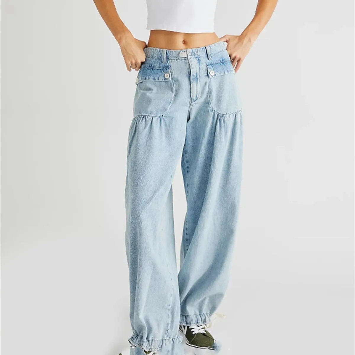 Lotus Mid-High Waist Barrel Ruffle Jeans for Women, Casual Loose Wide Leg Pants