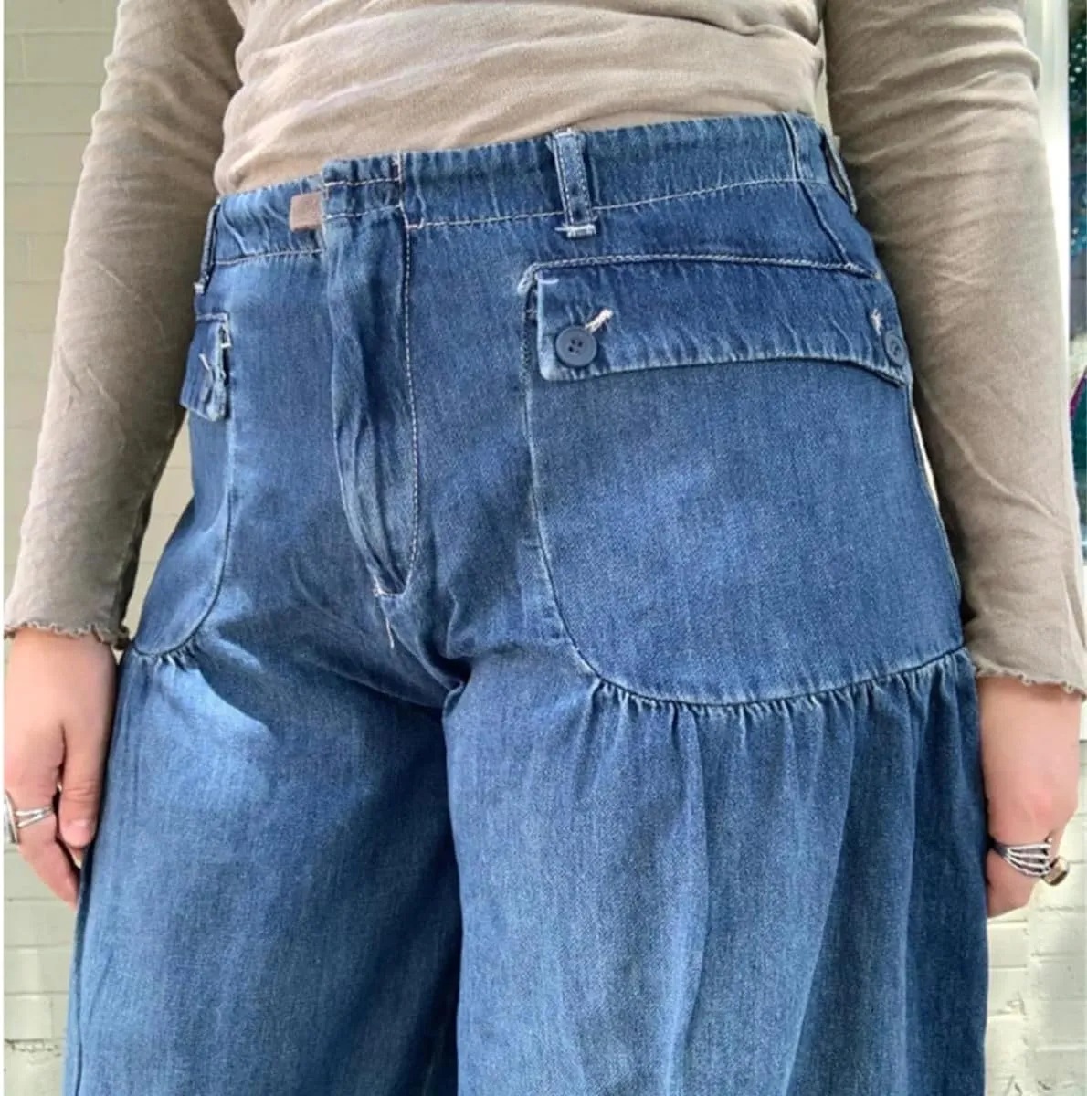 Lotus Mid-High Waist Barrel Ruffle Jeans for Women, Casual Loose Wide Leg Pants