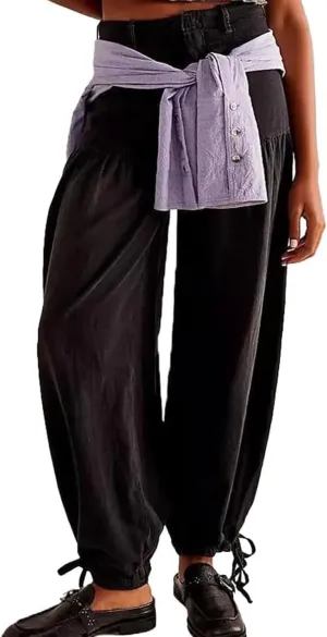 Lotus Mid-High Waist Barrel Ruffle Jeans for Women, Casual Loose Wide Leg Pants