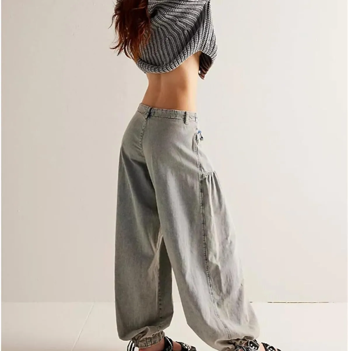 Lotus Mid-High Waist Barrel Ruffle Jeans for Women, Casual Loose Wide Leg Pants