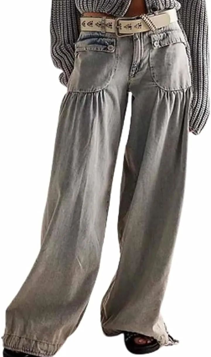 Lotus Mid-High Waist Barrel Ruffle Jeans for Women, Casual Loose Wide Leg Pants