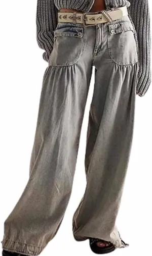 Lotus Mid-High Waist Barrel Ruffle Jeans for Women, Casual Loose Wide Leg Pants