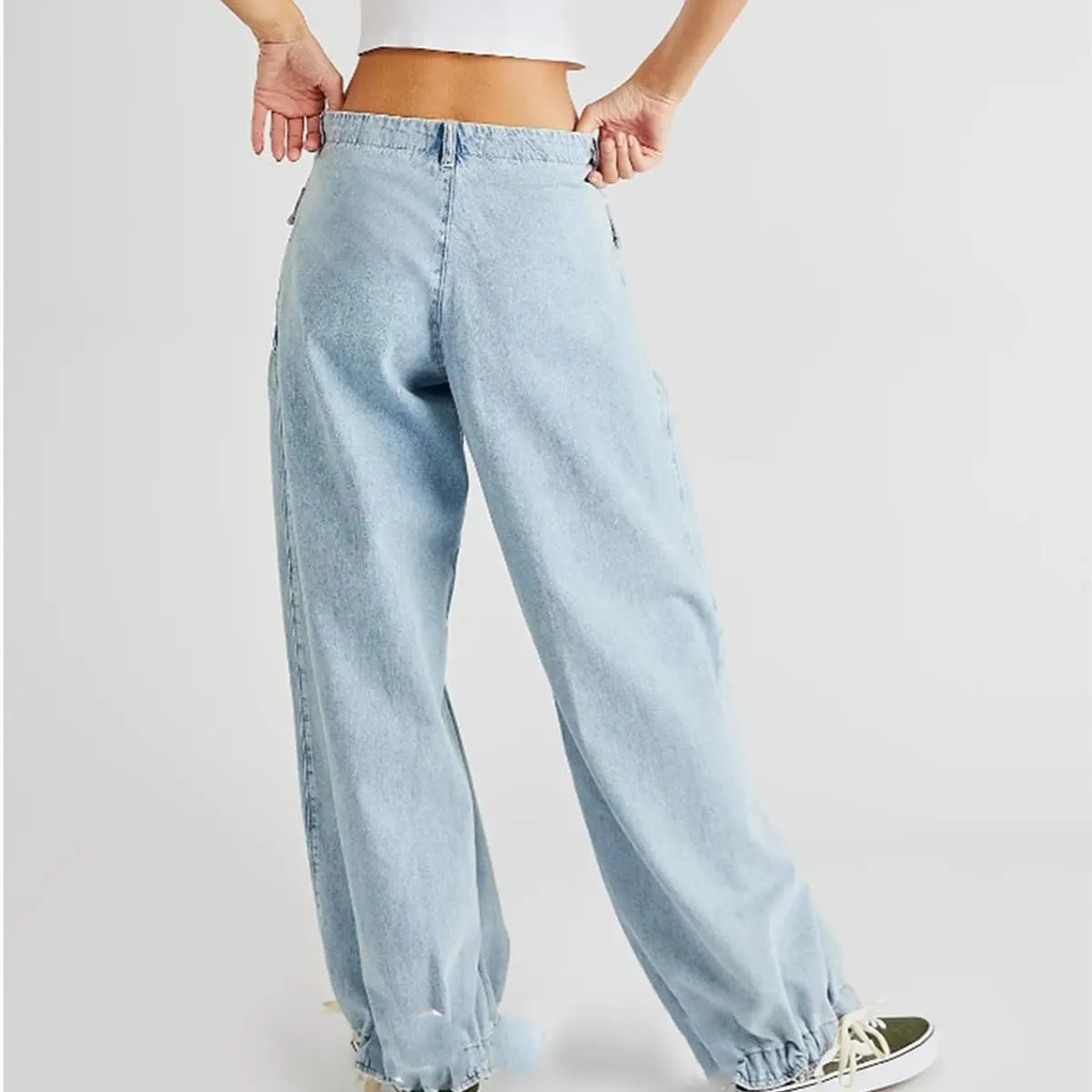 Lotus Mid-High Waist Barrel Ruffle Jeans for Women, Casual Loose Wide Leg Pants