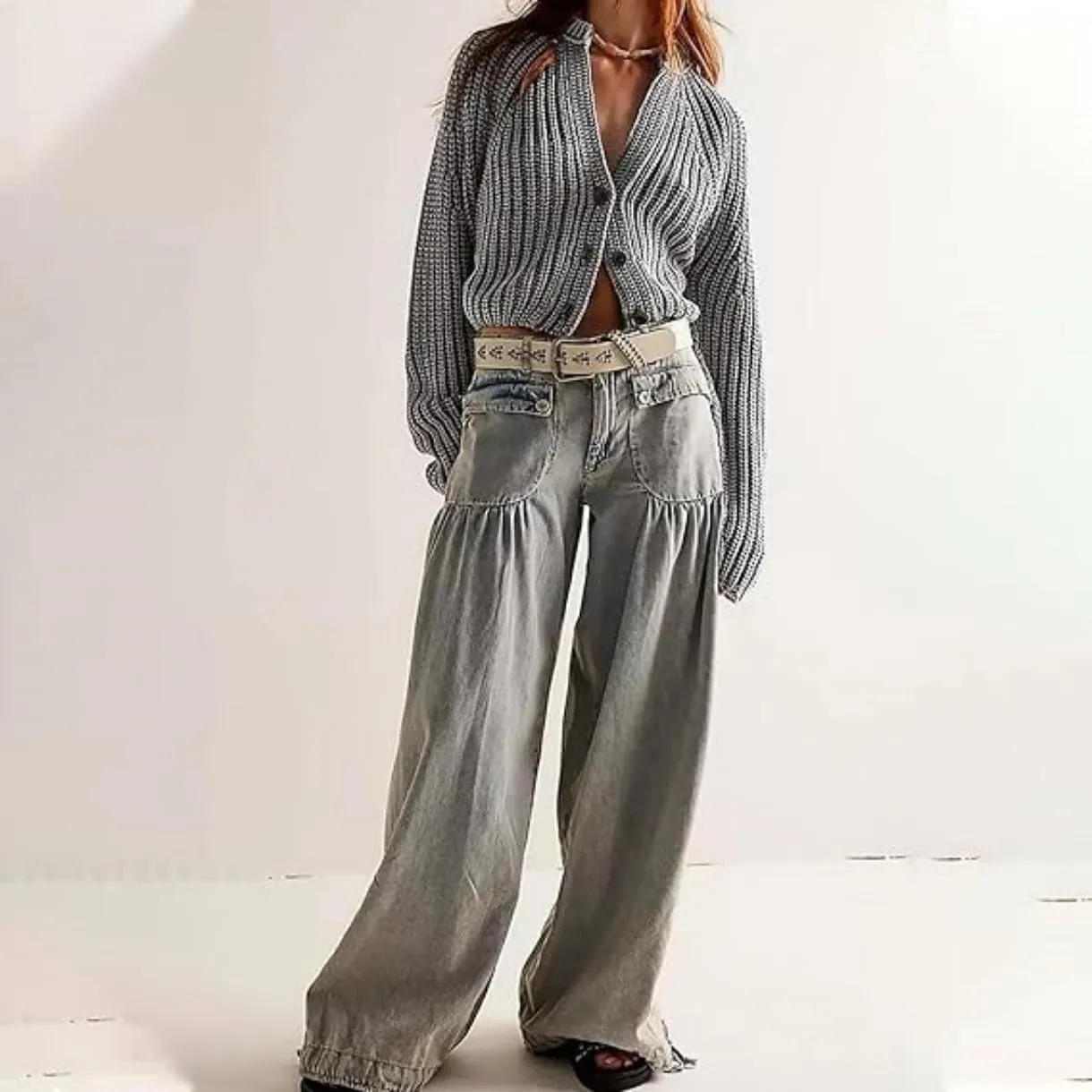 Lotus Mid-High Waist Barrel Ruffle Jeans for Women, Casual Loose Wide Leg Pants