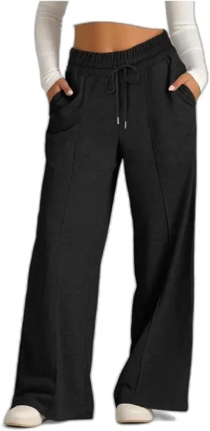 Lounge Pants with Pockets for Women, Wide Leg Lightweight High Waist Adjustable Tie Knot Loose Fit Drawstring Trousers