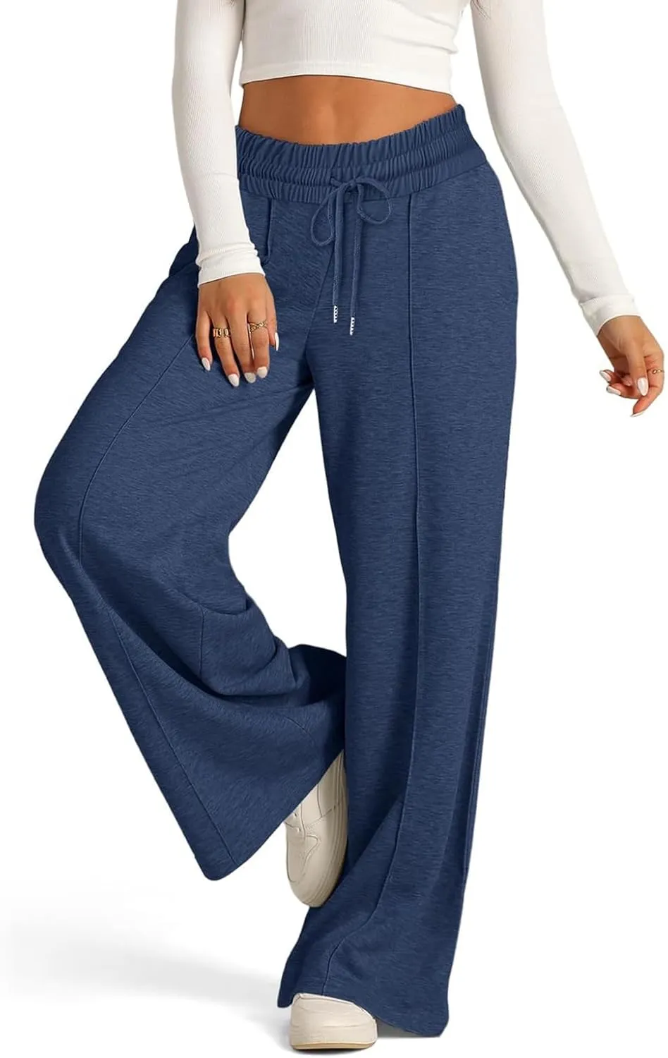 Lounge Pants with Pockets for Women, Wide Leg Lightweight High Waist Adjustable Tie Knot Loose Fit Drawstring Trousers