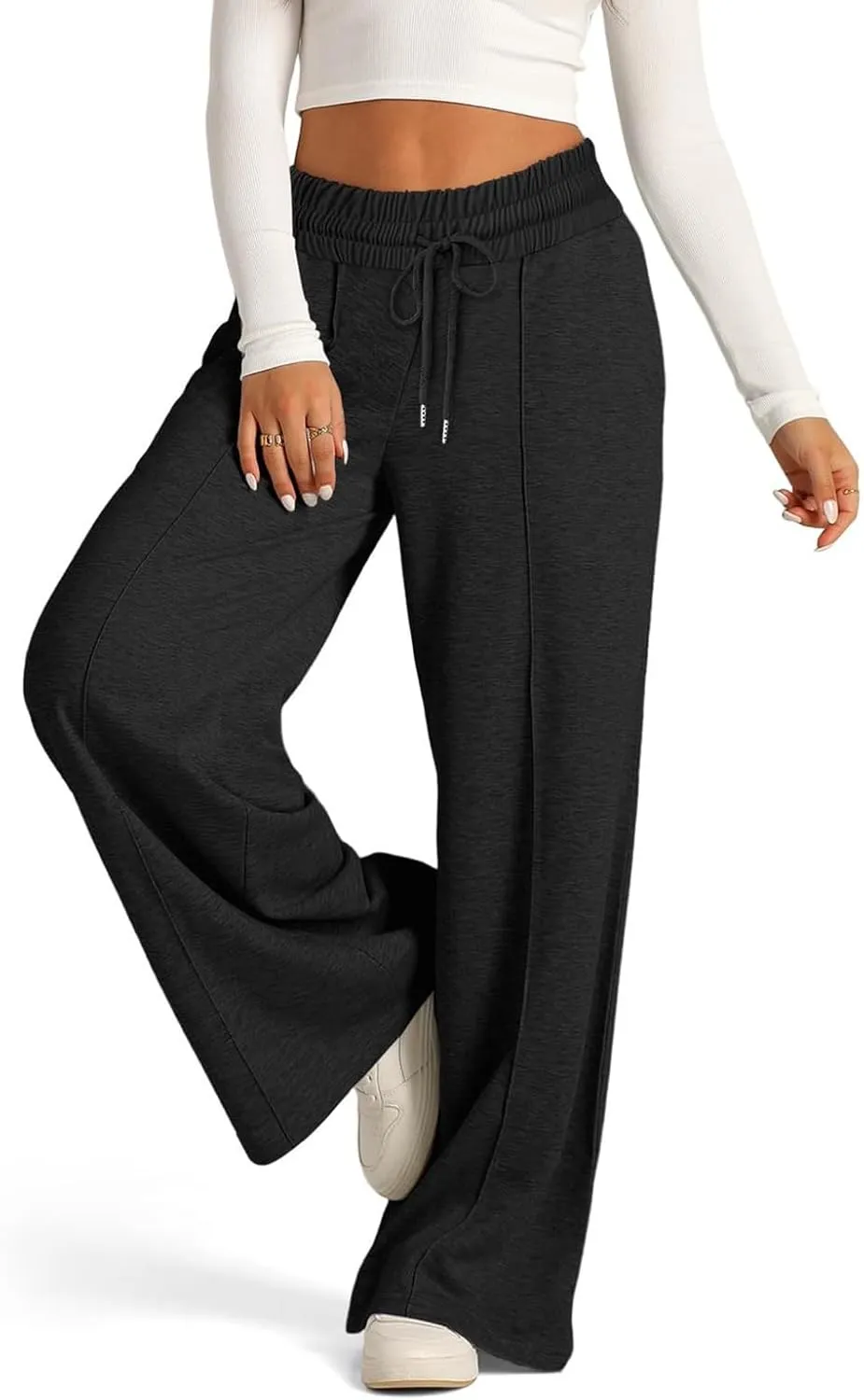 Lounge Pants with Pockets for Women, Wide Leg Lightweight High Waist Adjustable Tie Knot Loose Fit Drawstring Trousers