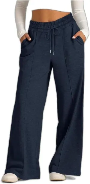 Lounge Pants with Pockets for Women, Wide Leg Lightweight High Waist Adjustable Tie Knot Loose Fit Drawstring Trousers