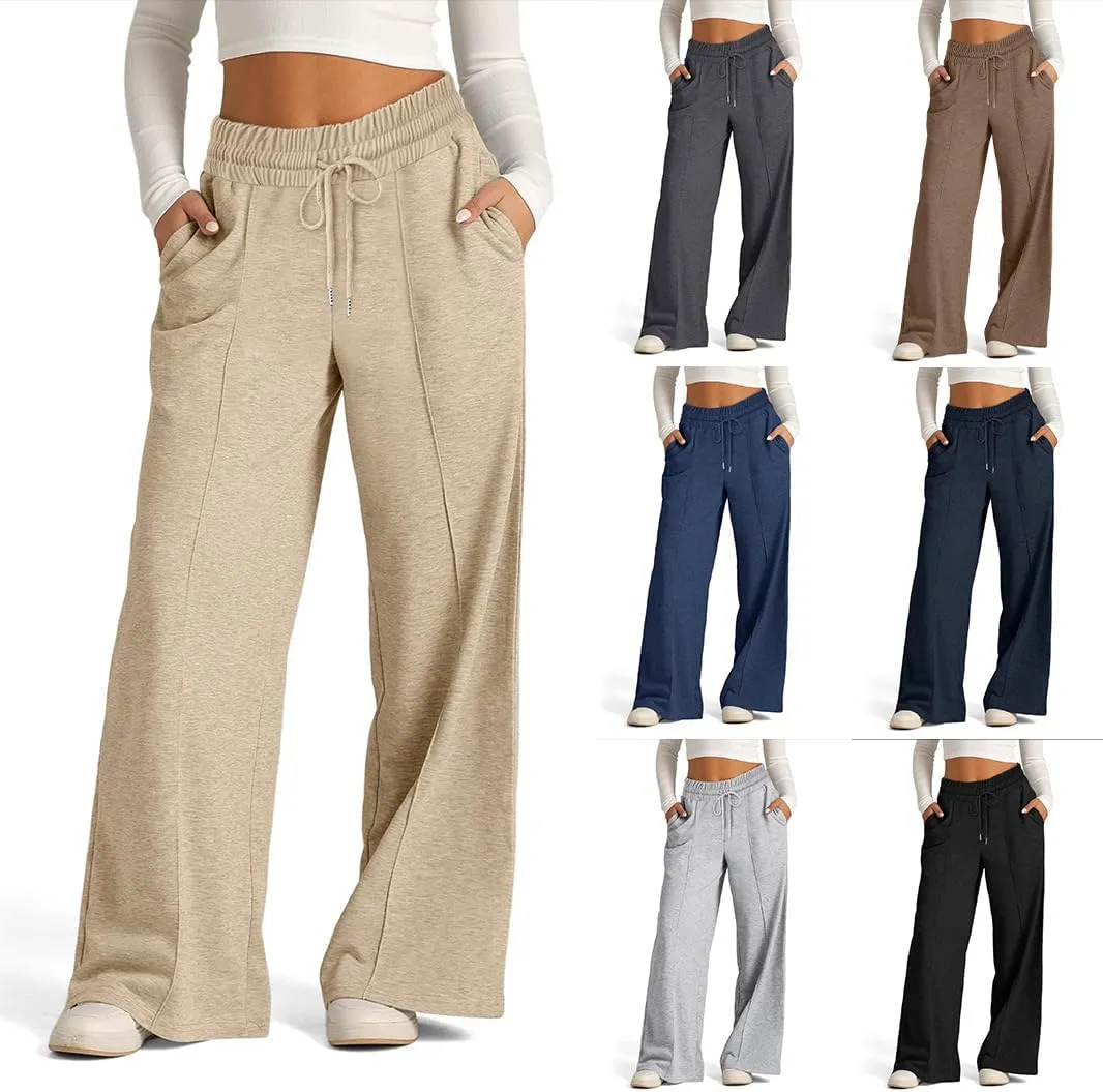 Lounge Pants with Pockets for Women, Wide Leg Lightweight High Waist Adjustable Tie Knot Loose Fit Drawstring Trousers