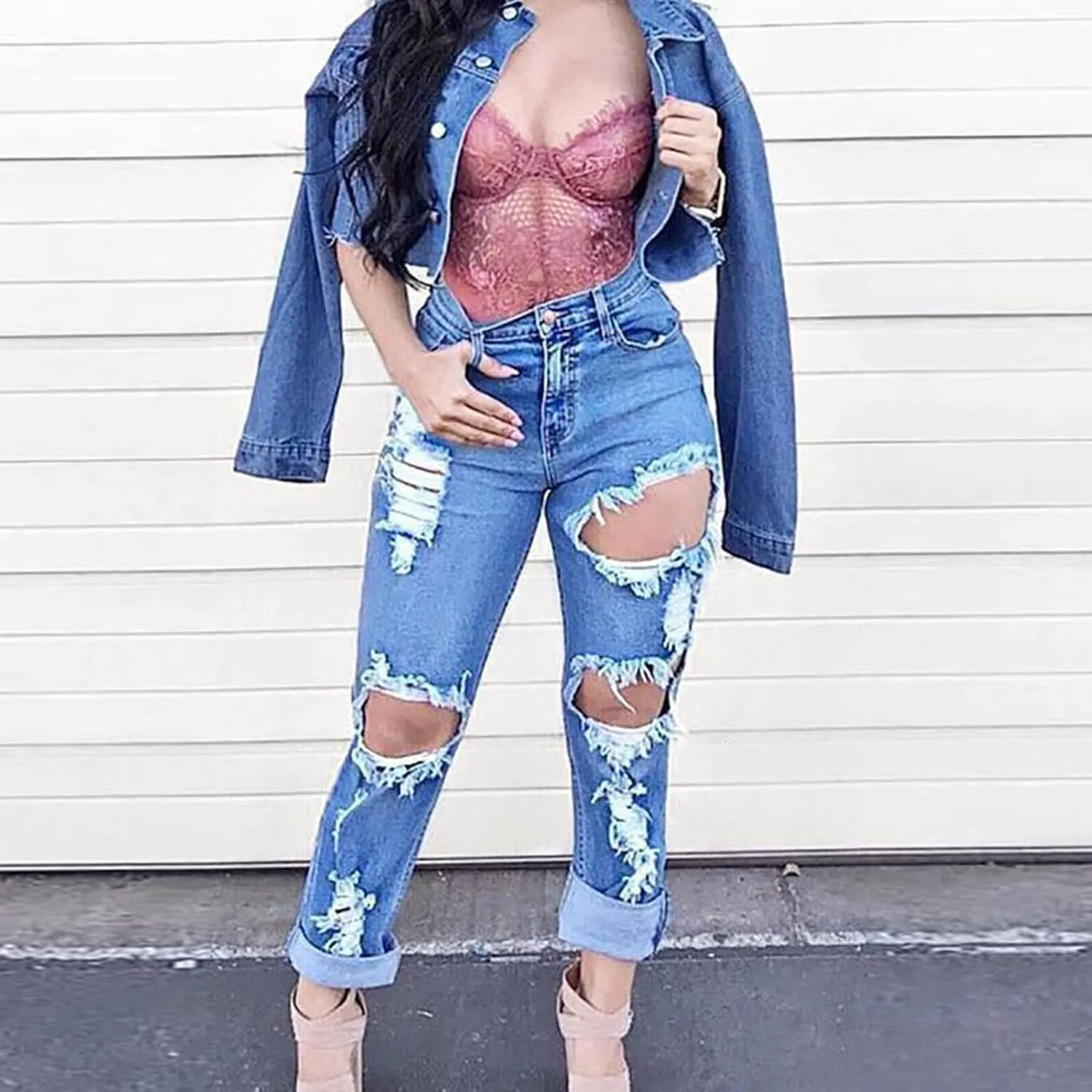 Maiyifu-GJ Women's High Waisted Ripped Boyfriend Jeans Loose Fit Distressed Destroyed Denim Pants Casual Comfy Stretch Jeans