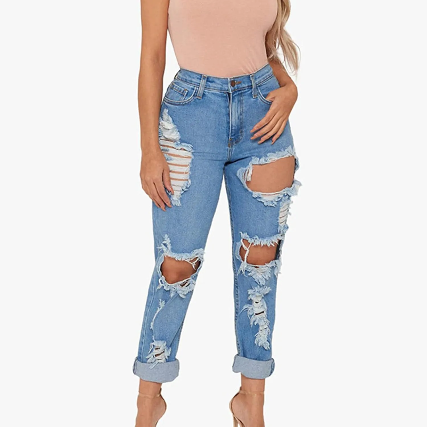 Maiyifu-GJ Women's High Waisted Ripped Boyfriend Jeans Loose Fit Distressed Destroyed Denim Pants Casual Comfy Stretch Jeans