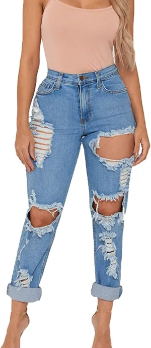 Maiyifu-GJ Women's High Waisted Ripped Boyfriend Jeans Loose Fit Distressed Destroyed Denim Pants Casual Comfy Stretch Jeans