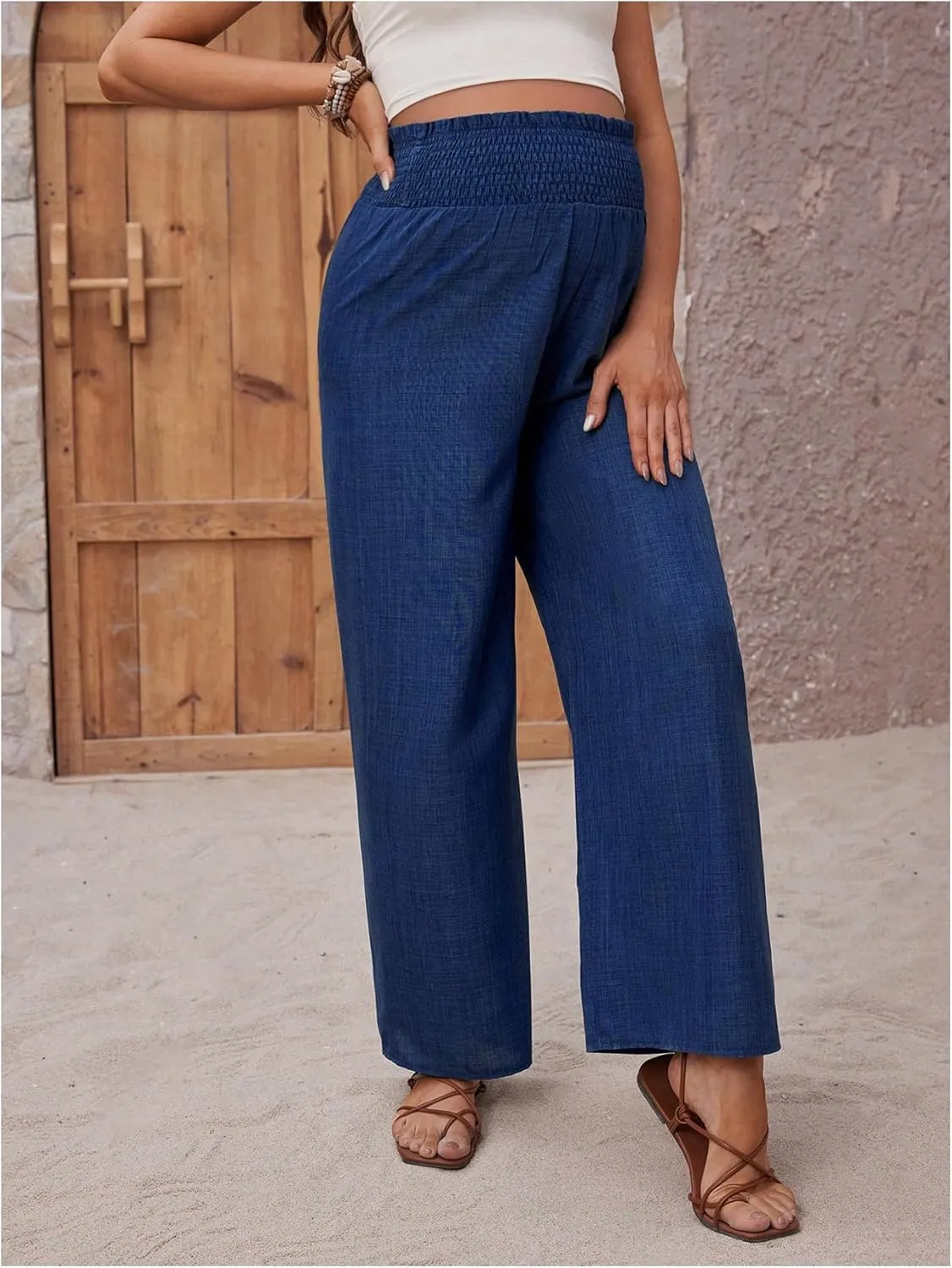 MakeMeChic Women's Maternity Pants Elastic Waist Wide Leg Frill Trim Loose Pregnancy Linen Palazzo Trousers