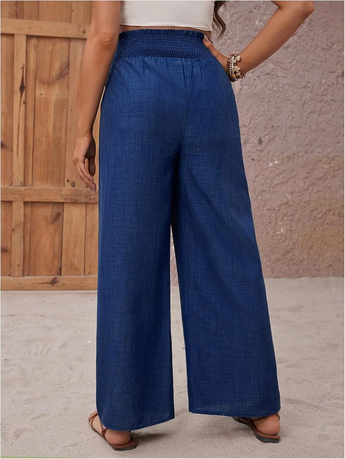 MakeMeChic Women's Maternity Pants Elastic Waist Wide Leg Frill Trim Loose Pregnancy Linen Palazzo Trousers
