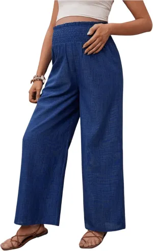 MakeMeChic Women's Maternity Pants Elastic Waist Wide Leg Frill Trim Loose Pregnancy Linen Palazzo Trousers