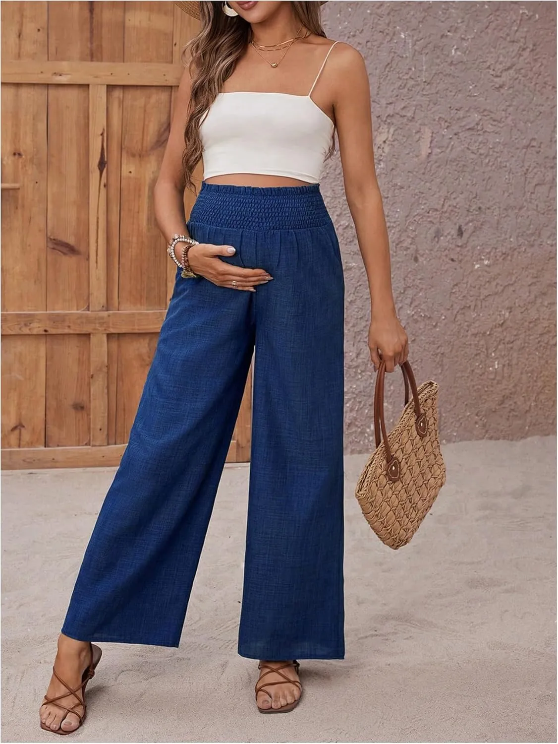 MakeMeChic Women's Maternity Pants Elastic Waist Wide Leg Frill Trim Loose Pregnancy Linen Palazzo Trousers