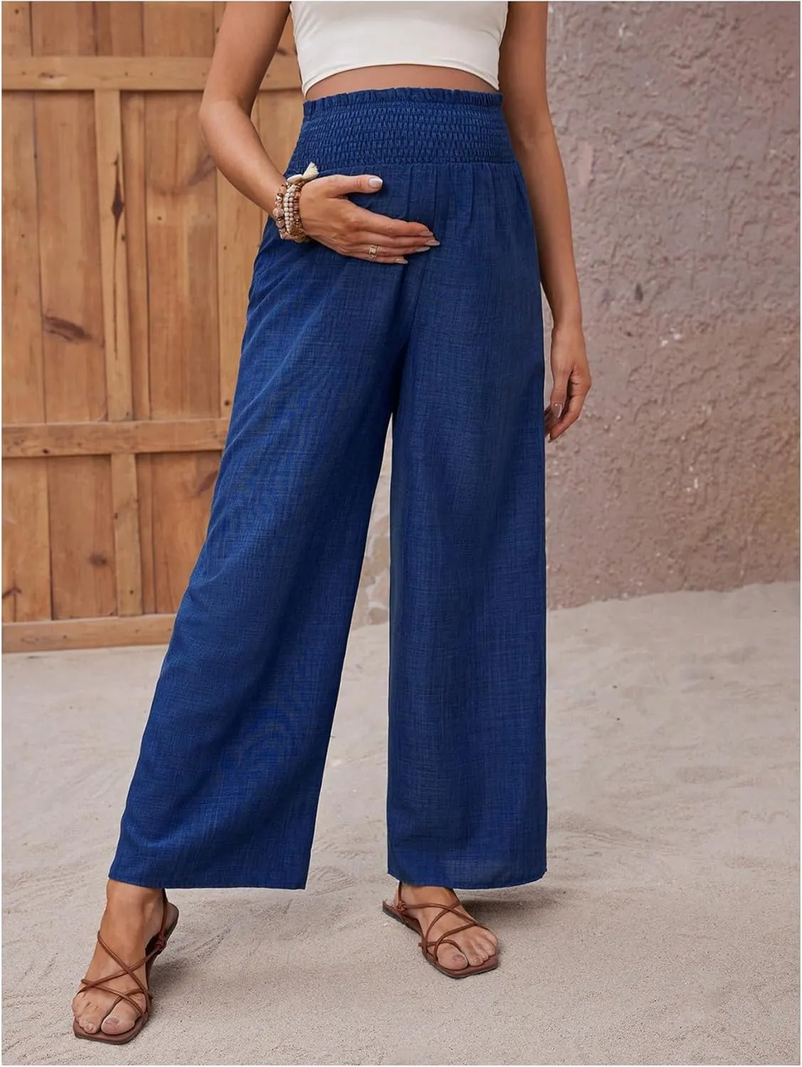 MakeMeChic Women's Maternity Pants Elastic Waist Wide Leg Frill Trim Loose Pregnancy Linen Palazzo Trousers