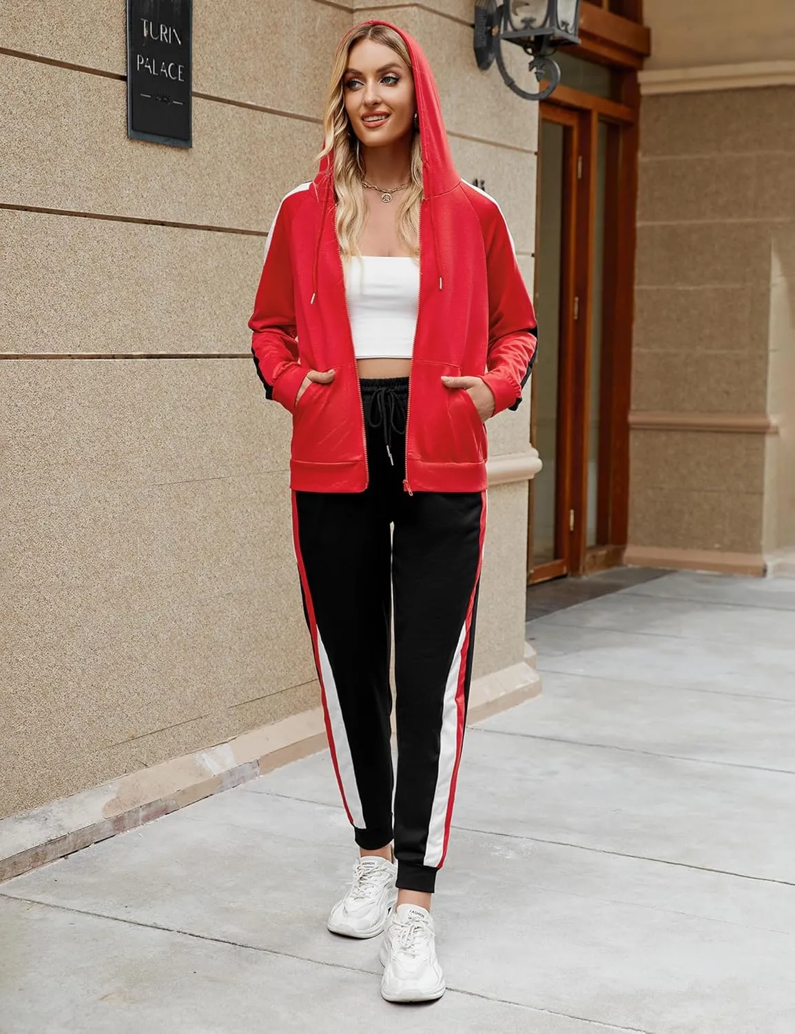 Marvmys Women's 2 Piece Tracksuit Set Full Zip-Up Hoddie Sweatsuits Color Block Jogging Suits with Pockets