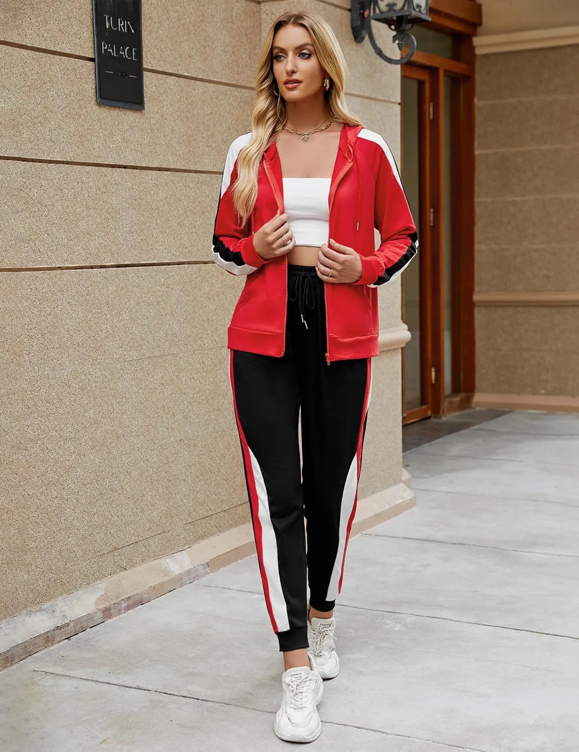 Marvmys Women's 2 Piece Tracksuit Set Full Zip-Up Hoddie Sweatsuits Color Block Jogging Suits with Pockets