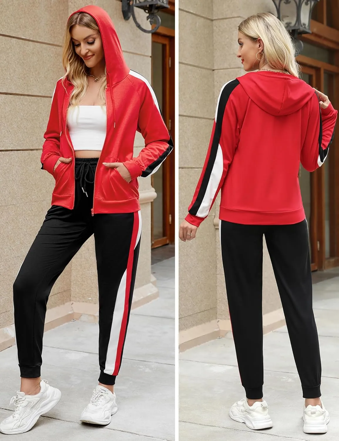 Marvmys Women's 2 Piece Tracksuit Set Full Zip-Up Hoddie Sweatsuits Color Block Jogging Suits with Pockets