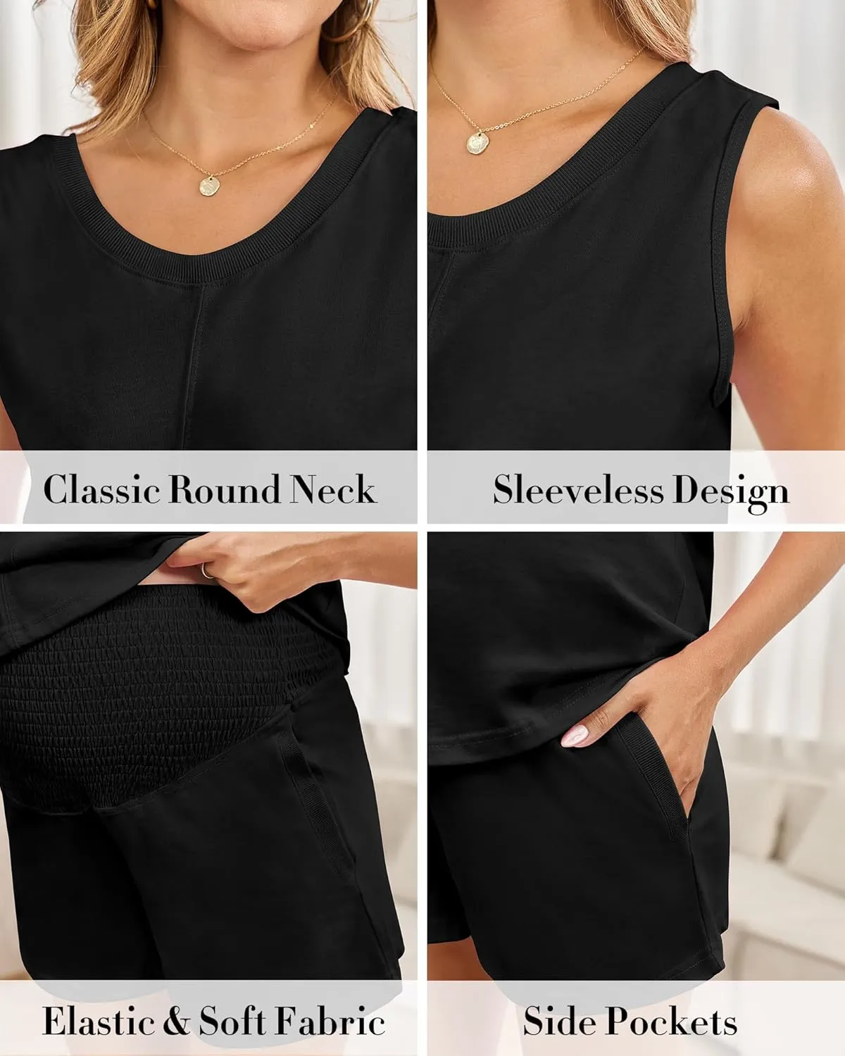 Maternity Pajamas for Women Sets 2 Piece Casual Maternity Outfits Sleeveless Top & High-waisted Smocked Shorts