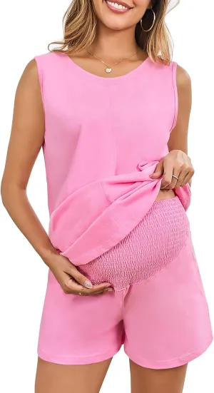 Maternity Pajamas for Women Sets 2 Piece Casual Maternity Outfits Sleeveless Top & High-waisted Smocked Shorts