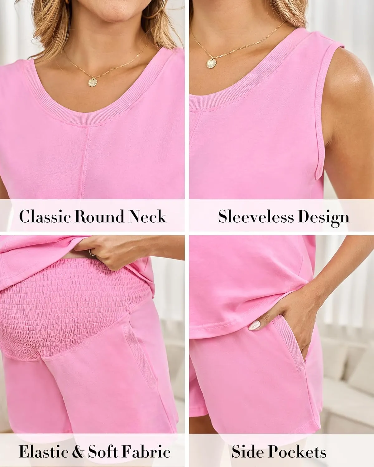 Maternity Pajamas for Women Sets 2 Piece Casual Maternity Outfits Sleeveless Top & High-waisted Smocked Shorts