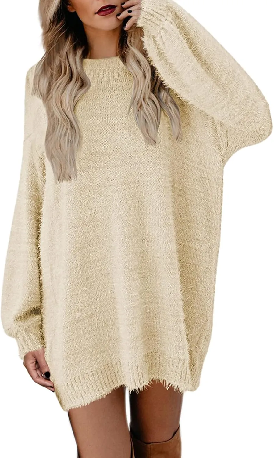 Meenew Women's Furry Pullover Sweater Dress Loose Oversized Long Knitted Tops