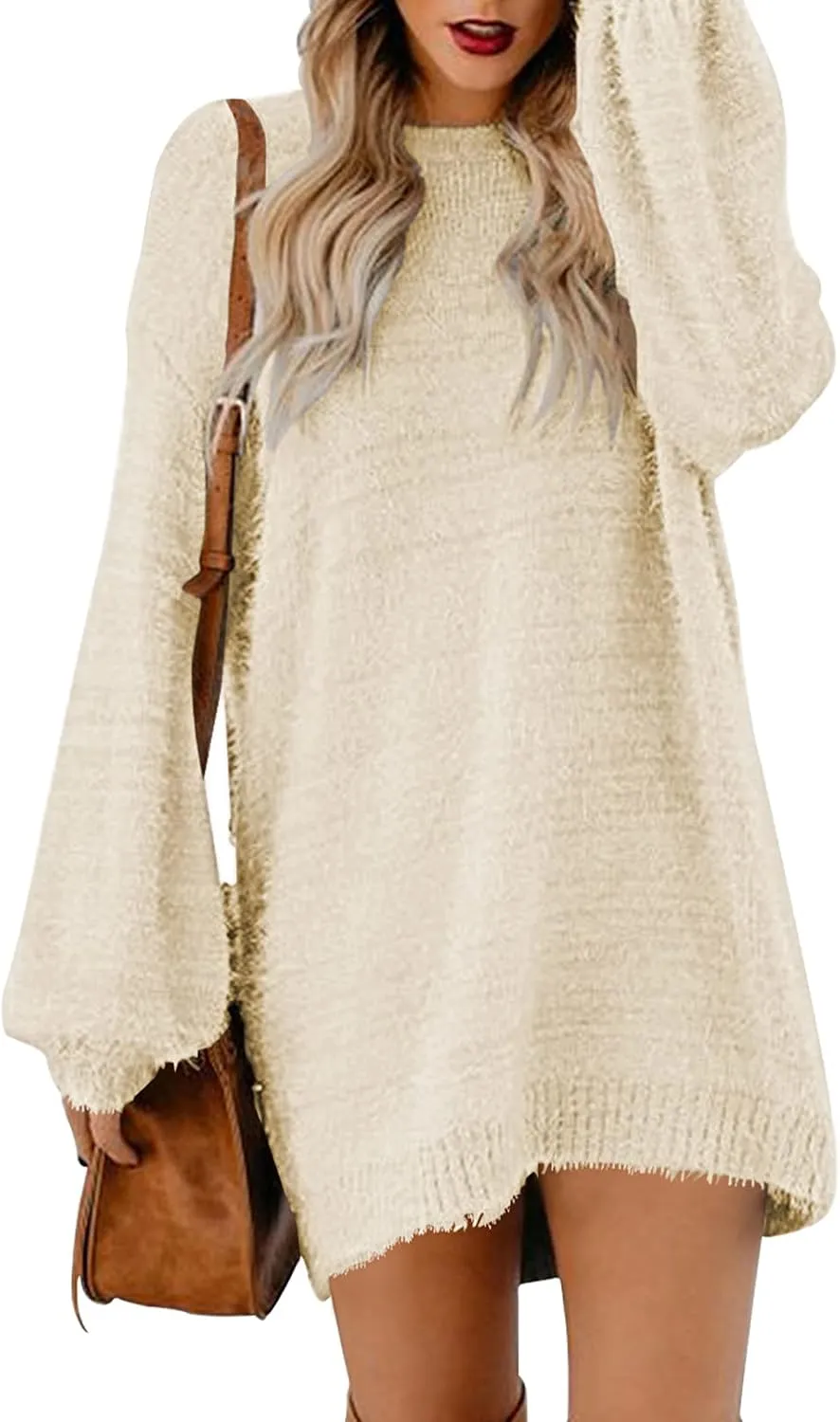 Meenew Women's Furry Pullover Sweater Dress Loose Oversized Long Knitted Tops