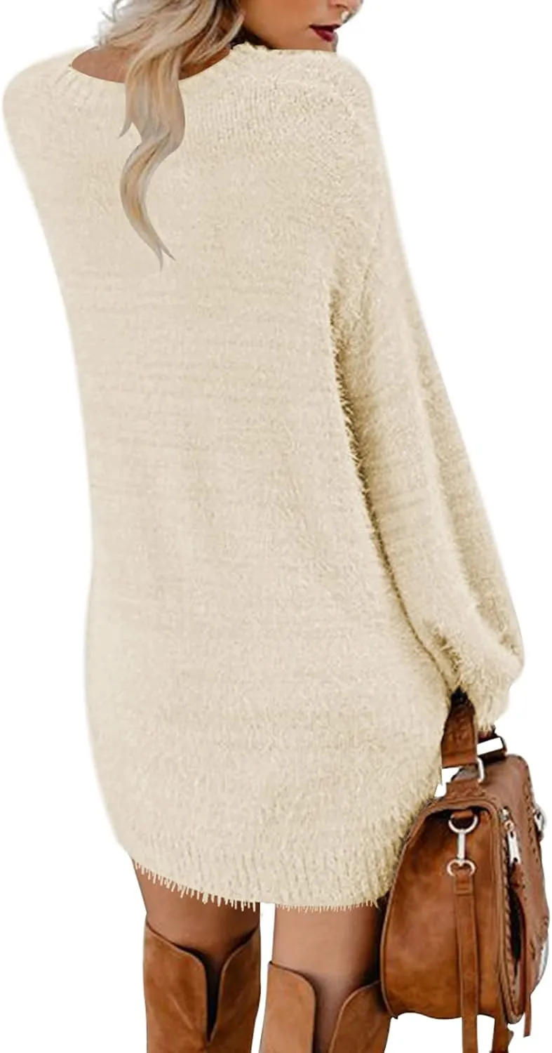 Meenew Women's Furry Pullover Sweater Dress Loose Oversized Long Knitted Tops