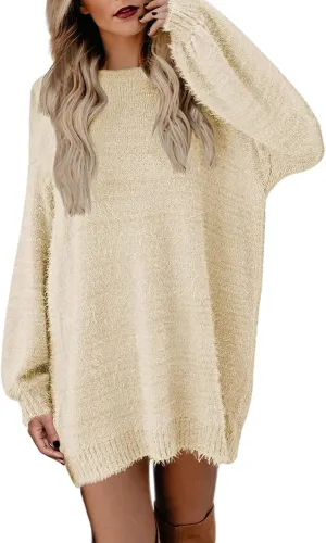 Meenew Women's Furry Pullover Sweater Dress Loose Oversized Long Knitted Tops