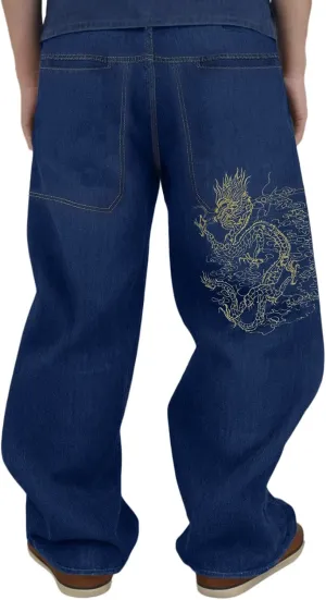 Men Hip Hop Retro Embroidered Washed Denim Pants Y2K Jeans Gothic Straight Wide Leg Loose Fit Streetwear Skater Jeans